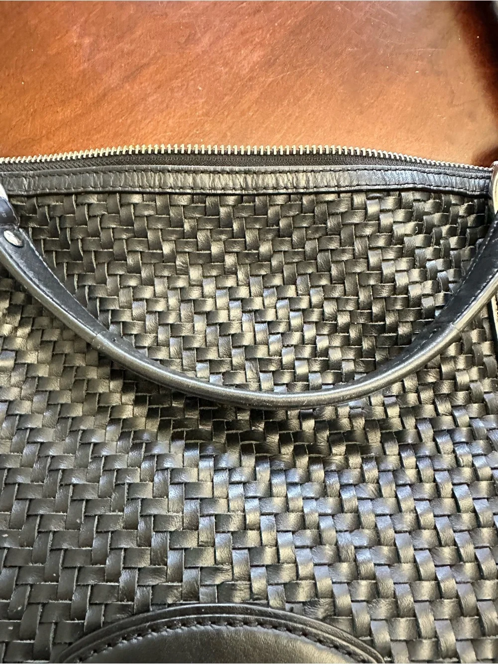 Coach Black Woven Leather Shoulder Bag with Silver Hardware Kristen‎
